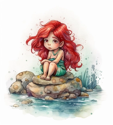 realistic burnished watercolored pencil cute little mermaid scene clipart, red hair, detailed, style of disney, on white background, spaced out