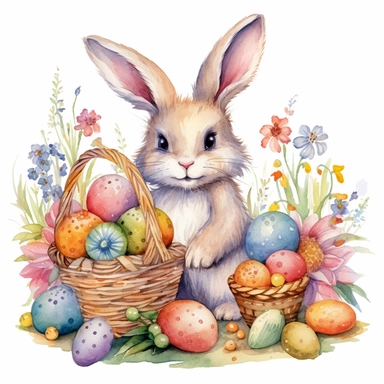 clipart, isolated on white background, Watercolor bunny and basket and colorful eggs, easter style, detailed, flowers, ornated, pastel colors