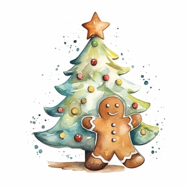 a watercolor nursery gingerbread tree cookie illustration clipart, clean background, white background, isolated on white