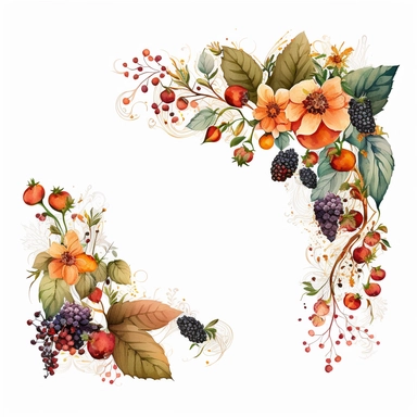 watercolor dusty red floral in the far bottom left corner and far top right coner only, and blackberries in the far bottom left left corner and far up right corner only, clipart, orange, white background, no text