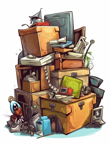 clipart-style packing boxes and garage clutter, suitable for a yard sale flyer,