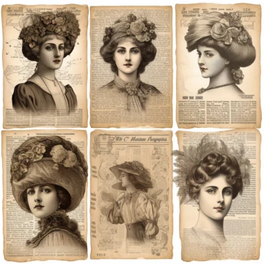 vintage style woman newspaper illustrations clipart set, detailed 4k, clipart style, background white