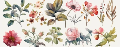 stunning clipart artworks of flowers and plants in a light and minimalistic style, The focus will be on the delicate beauty of each individual flower or plant, which will be separated from the others and isolated on a white background, Use a prominent watercolor style to make it evident that each artwork was painted using the delicate and intricate watercolor technique, Use light colors to bring out the softness of the flowers and plants, while keeping the overall design minimalistic, Each clipa