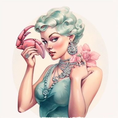 Hand drawn 1950’s pin up woman, dressed like cancer the crab, very glamorous with jewelry, shades of dusty rose teal and blue, half body, very detailed and realistic, watercolor, white background with margins, clipart style