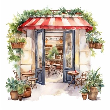 front illumination of adorable open doors cafe with plants, and parasol table outside and good french vibes as a watercolor ultra realistic illustration, white background clipart