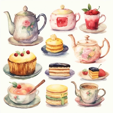 Watercolor vintage tea party items, illustrations clipart set, simple, soft colors, cartoon elements, different variants, teapot, sugar bowl, bun, jug of milk, cake stand, scones, china cup and saucer, , napkin, clotted cream, , knife, fork, jam, slice of cake on plate, tea cups, stacked teacups, lemondish, butter and bisciuits, , tea jars, , separate elements with a margin