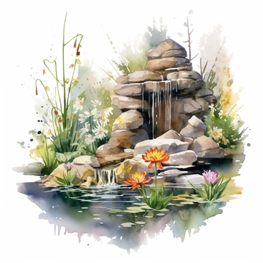 watercolor pond, clipart, in the style of plein air scenes, white background, waterfall from rocks, insects, cattails, frogs, lily pads with flowers, darker browns and realistic colors