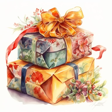 insanely beautiful pile of 3 gift packages , in the style of beatrice potter, 32k uhd, hand-painted details, pastoral illustrations, amazing colour combinations , aquarellist, hd , white background clipart ,-- no watermark--ar 27:37