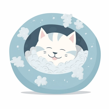 A sleepy cat curled up in a cozy ball, with a content smile and a tiny bubble floating from its nose, clipart, white background