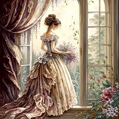 beautiful lady, very detailed, wearing beautiful flowing dress, standing by large victorian window, looking out the window, beautiful romantic bouquet of flowers, beautiful crystal ornate vase, sitting on table with decorative tablecloth, infront of large victorian window with beautiful flowing curtaings, soft colors, crisp colors, ribbon, very detailed, fantasy, romantic, clipart style