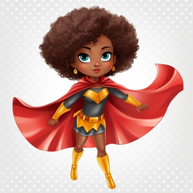 cute comic clipart superhero black afro mom. with white background.