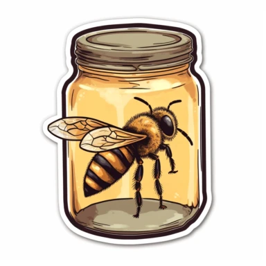 honeybee seitting on a transparent glass jar filled with honey, clipart on a white background, clipart transparent background, clipart sticker