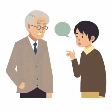 young adult speaking politely to japanese elder with a transparent background drawn in a flat clipart style