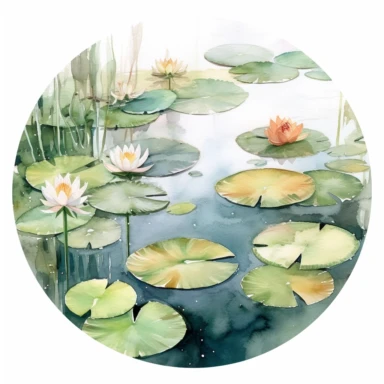 watercolor lily pads on a scenic pond clipart, white background