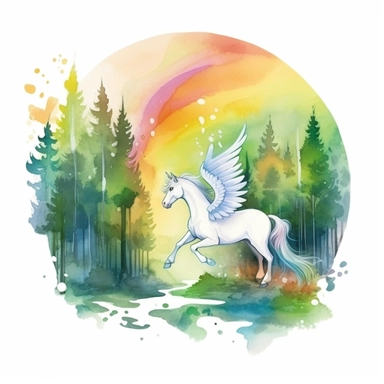 a watercolor of a pegasus forrest scenery with rainbow, realistic fantasy Style, vector free clipart illustration, in the style of unreal engine 5, 32k uhd, detailed features, white background