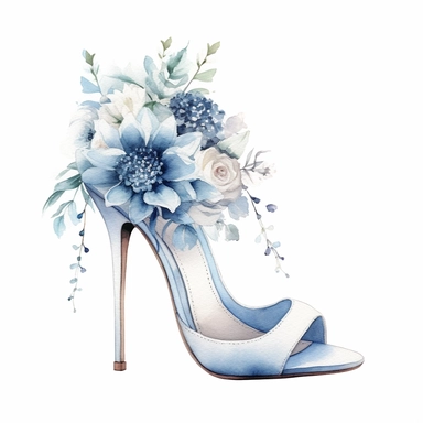 floral Wedding heels watercolor clipart, light blue, white background