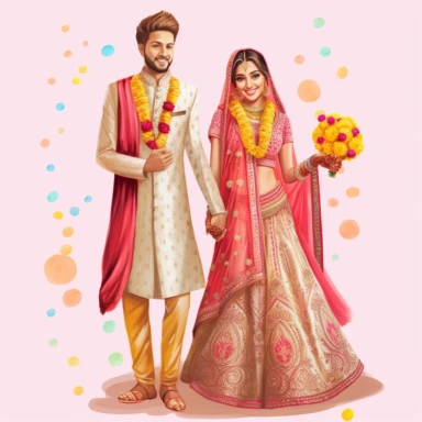 indian wedding clipart,cartoon art [full body] [hyper Real] [dress set], [bride] [magnificent]--v 5.1