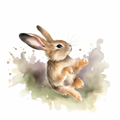 An endearing watercolor rabbit clipart, A heartwarming scene unfolds as a baby rabbit revels in playful joy, lying on the ground in various positions, captured from different perspectives. In one view, the baby rabbit is stretched out on its side, its tiny paws reaching towards the sky, showcasing a sense of carefree abandon. In another, it curls up into a ball, nestling its fluffy body against the soft grass, exuding a sense of comfort and contentment. The artwork, created in watercolor, embrac
