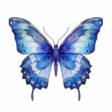 blue watercolor, of a galactic butterfly, sideview, white background, clip art