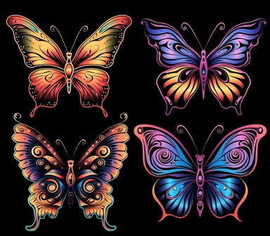 6 tattoo art style blue butterflies, black defined lines, high details, clipart, hd, isolated on black background, spaced out, vibrant rainbow colors