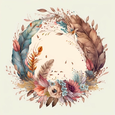 intricate and detailed watercolor circle border for wedding clipart masterpiece of boho floral arrangement with boho flowers and feathers and leaves, exquisite realism caricature style with excellent depth color shading, use of fabric, soft and subtle colors of watercolor style, plain background