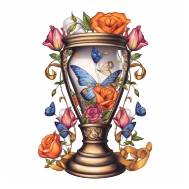 Clipart, A charming hourglass nestled amidst flowers, isolated on a white background with a wide margin