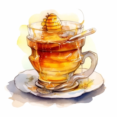 whimsical watercolour clip art honey tea in a glass cup and saucer