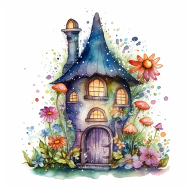 watercolor clipart of a tiny elf house with small details, vibrant pastel colors, stars, magical, mystical, celestial, high quality watercolor image on white background