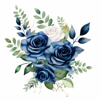 navy blue colored rose flowers arrangement with watercolor effect,suitable for digital clipart,white background,green leaves