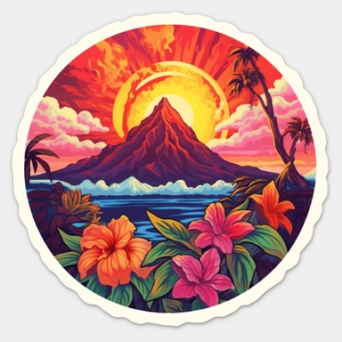 volcano erupting, close up, a sticker, artwork of t shirt graphic of majestic forest, in digital painting style , beautiful flowers, sunset mountains and clouds , big vines, stone temple covered in vines, white background, colorful fantasy flower surround, highly detailed clean, vector image, photorealistic masterpiece, professional photography, realistic, flat white background, isometric, vibrant vector, clipart, illustration, realism, 4k, , cinematic, front view, white background, paradise, ex