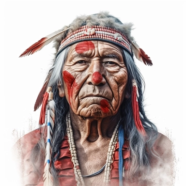 beautiful stunning vintage native american old man, tarot style, 2 red paint lines on the face, paint art style, clipart, white background, superrealistic, one of a kind
