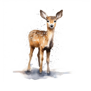 an adorable Deer standing on snow in the style of watercolour clipart with detailed brush strokes