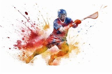 Watercolor, Design a shot of a lacrosse player scoring a goal with a powerful shot clipart, hd, on a white background, spaced out