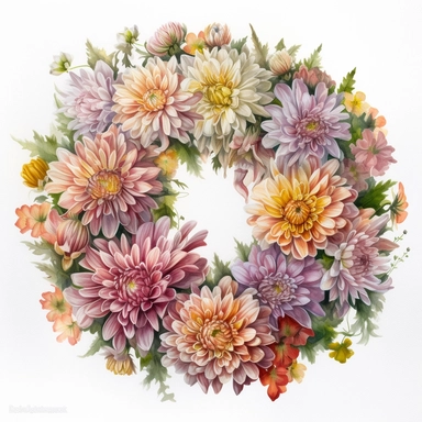 Watercolor Painting of beautiful multi - headed Chrysanthemum Wreath FLOWERS on white background DETAILED ILUSTRATION, Flora Design Patterns, Flemish Baroque by Rachel Ruysch, Behance, Rococo, Intricate Detailed, Soft Light Effect, Oil Paint Strokes, Light Academia Aesthetic Flowers, Lighting cinematic, all shown shimmering stamens, tyndall light, texture, colorful, 8k, fantasy, ray tracing, vivid, spectacular lighting, octane rendering, highly detailed, ultra - realistic, white background, clip