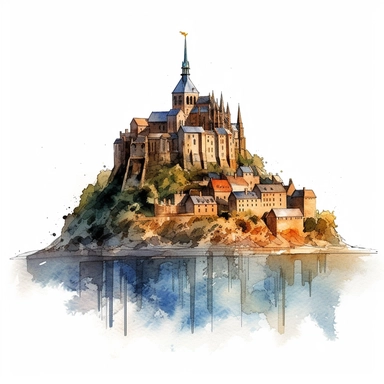 a France Mont Saint Michel in the style of watercolour clipart with detailed brush strokes