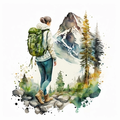 water color girl hiking in Austria between high mountains at spring, fresh green colors, she is wearing boots and backpack, realistic look, with trees at yellowstone park, clipart, hd, white background