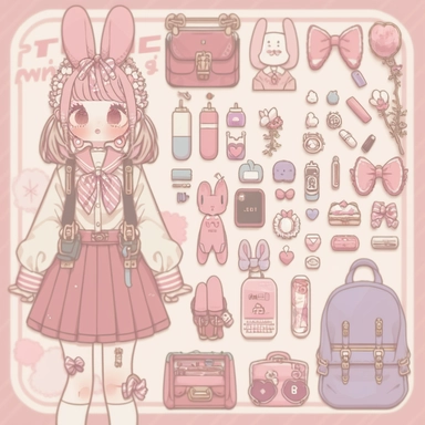 , a girl that is standing in front of a bunch of stuff,trending on deviantart,character sheet,???,embrace porcelain doll,everything fits on the screen,highly detailed object content,secret,knolling,clipart icon,anime,first aid kit,bunny,