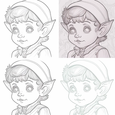 clip art coloring book page for toddler. four different images of an Elf. white background. simple line drawing. very low detail.