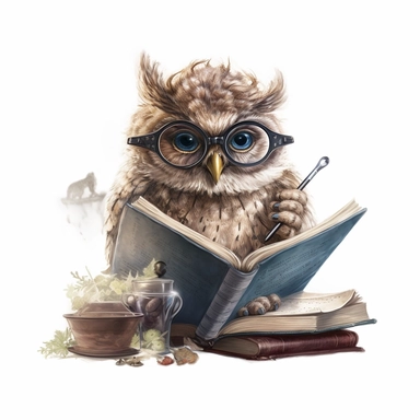 a clipart in the style of Bob Byerley of a magical woodland owl sitting on a spell book with glasses on, isolated white background
