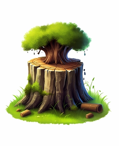 cartoon-style, 3d, realistic, tree stump with grass, clip art,