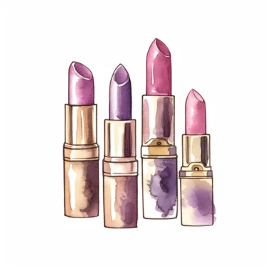 lipstick, in the style of watercolor illustrations, pink and gold, soft lilac, serenity and harmony, various stroke techniques, on white background, clipart
