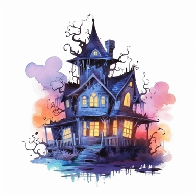 watercolor style, spooky halloween haunted house clipart, haunted house decorated in creepy Halloween style decor, whimsical Halloween witch house, isolated on white background, 4K, dark, night scene