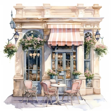 A charming little café with a pastel-toned façade, ornate window detailing, and delicate roses spilling from window boxes. A lone bistro table offers a quaint spot for a morning coffee. Watercolor Clipart, white background