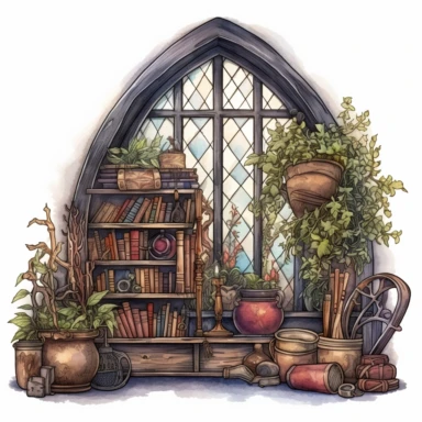 Magical style wizard's magic attic corner with watercolor effect, suitable for digital clipart, full of old magic tools, cabinet full of magical plants, a gothic style window with landscape, white background, magical scene, fairy dark colours