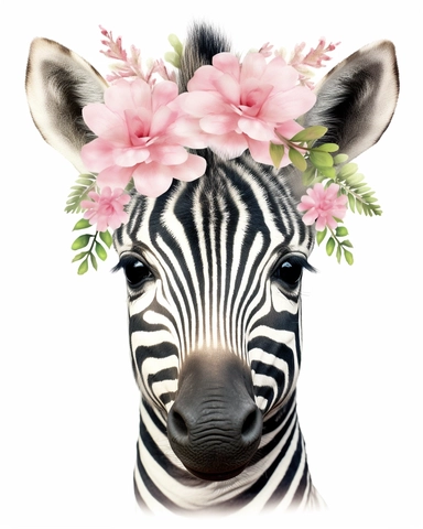 detailed watercolor Baby Zebra flowers on head , hyper realistic, isolated on a white background, clipart