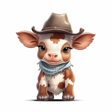 an adorable baby cow wearing a cowboy outfit with a stetson, clipart on white background