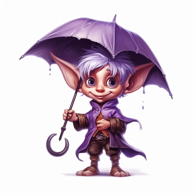 Cute Adorable magical little Elf with big pointed ears holds a umbrella in his hand wears a raincape and stand in the rain on a country road, clipart, photorealistic illustration, watercolor, high detail, 8k polished, 8k, vibrant colors, sticker, majestic, die cut, black and purple color, white background
