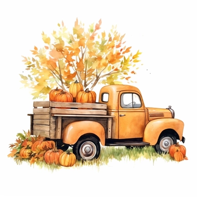 Farmhouse Fall Decor Watercolor Clipart. Cozy Autumn Illustrations. Harvest Truck with Pumpkin. Fall Leaves, Rustic Wooden Home Decor.