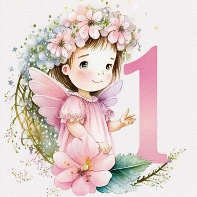 cute fairy and the pink Number 1, flowers, sparkles, cute, joy, watercolour, clipart