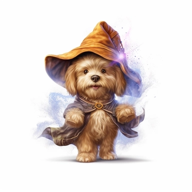 Adorable cute fantasy baby dog dressed like wizard standing in dynamic pose,front view,fullbody,sharp through out,happy expression, nursery art, clipart image, lineart image, white background, very detailed, 8k, composition wide shot